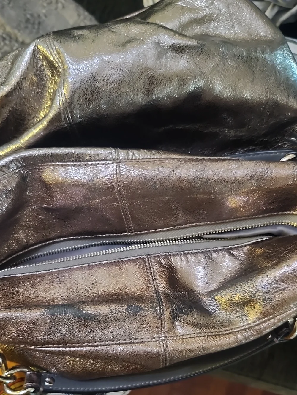 Coach Metallic Pewter Leather Tote - Silver/Brown Tone